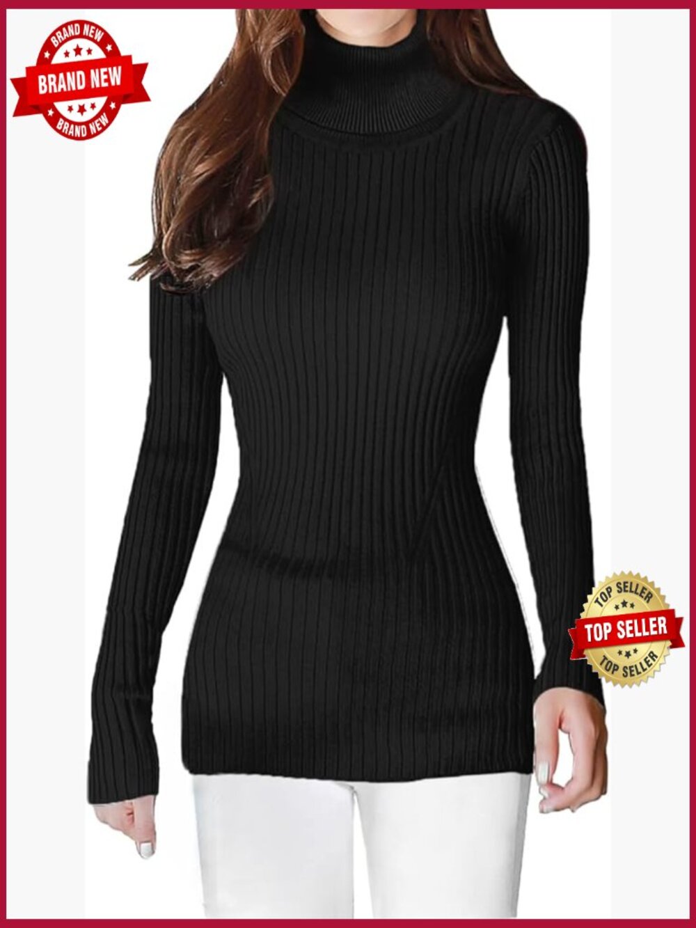 Turtleneck Ribbed Knit Sweater for Women, Fitted Long Sleeve Pullover